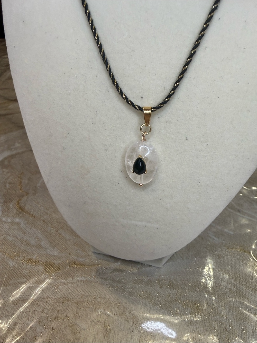 Delicate Black and Gold twisted rope necklace with stone Pendant